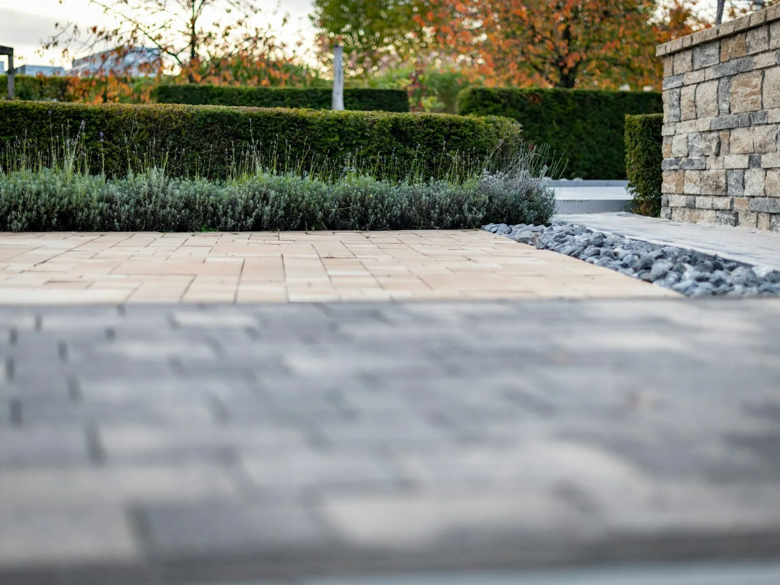 Paved courtyard with a stone wall and clipped hedges